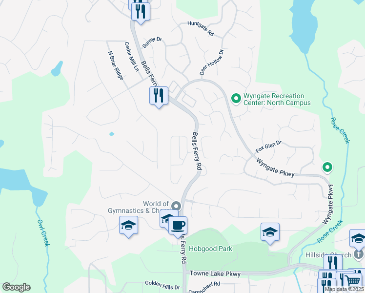 map of restaurants, bars, coffee shops, grocery stores, and more near 410 Belmont Way in Woodstock