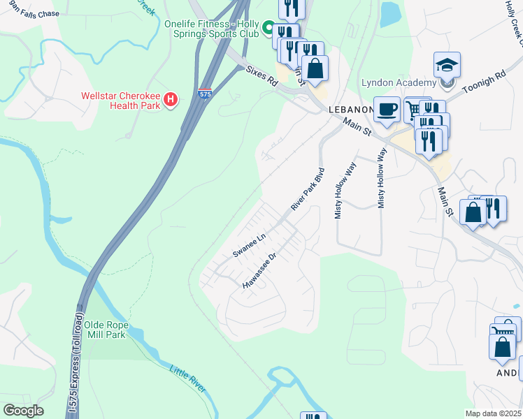 map of restaurants, bars, coffee shops, grocery stores, and more near 501 Mill Ridge Road in Woodstock