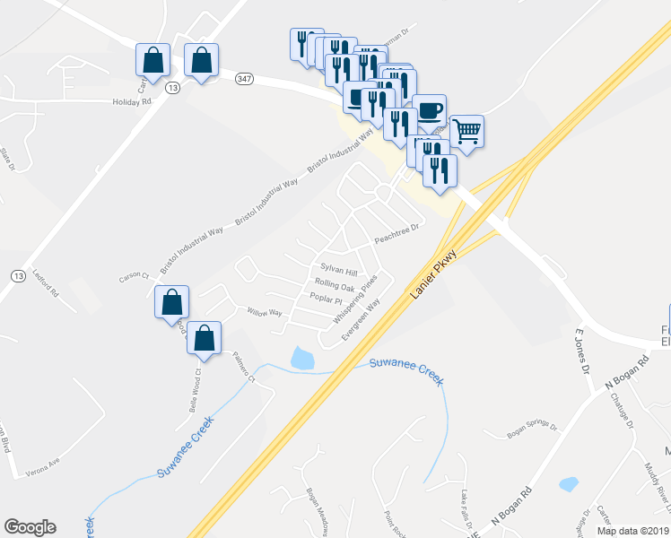 map of restaurants, bars, coffee shops, grocery stores, and more near 5356 Sylvan Hill in Buford