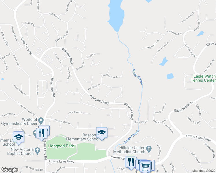 map of restaurants, bars, coffee shops, grocery stores, and more near 3982 Fox Glen Drive in Woodstock