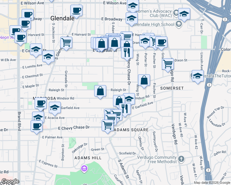 map of restaurants, bars, coffee shops, grocery stores, and more near 734 South Adams Street in Glendale