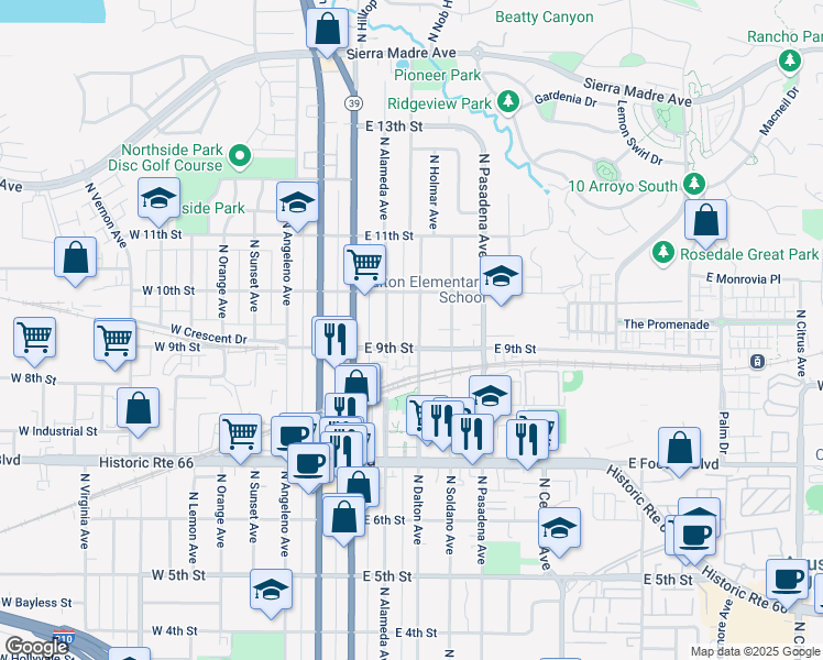 map of restaurants, bars, coffee shops, grocery stores, and more near 917 North Dalton Avenue in Azusa