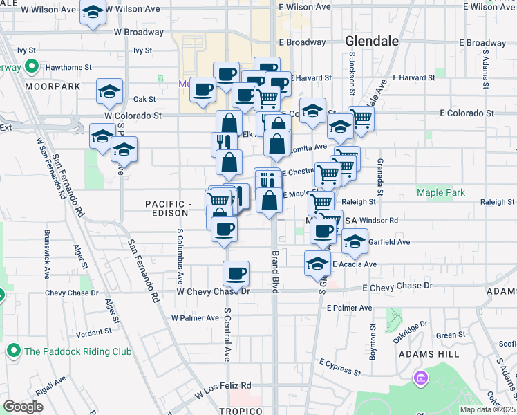 map of restaurants, bars, coffee shops, grocery stores, and more near 116 West Maple Street in Glendale
