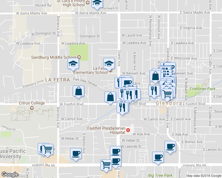 map of restaurants, bars, coffee shops, grocery stores, and more near 175 Martindale Way in Glendora