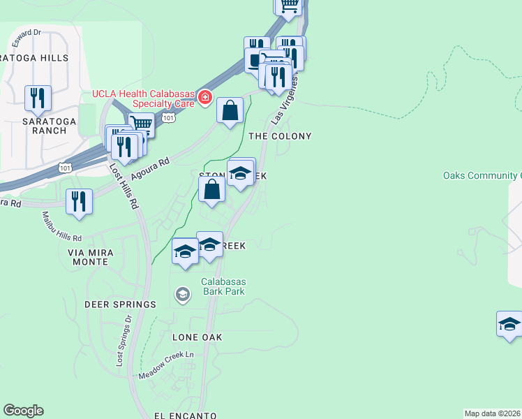 map of restaurants, bars, coffee shops, grocery stores, and more near 4417 Paxton Place in Calabasas