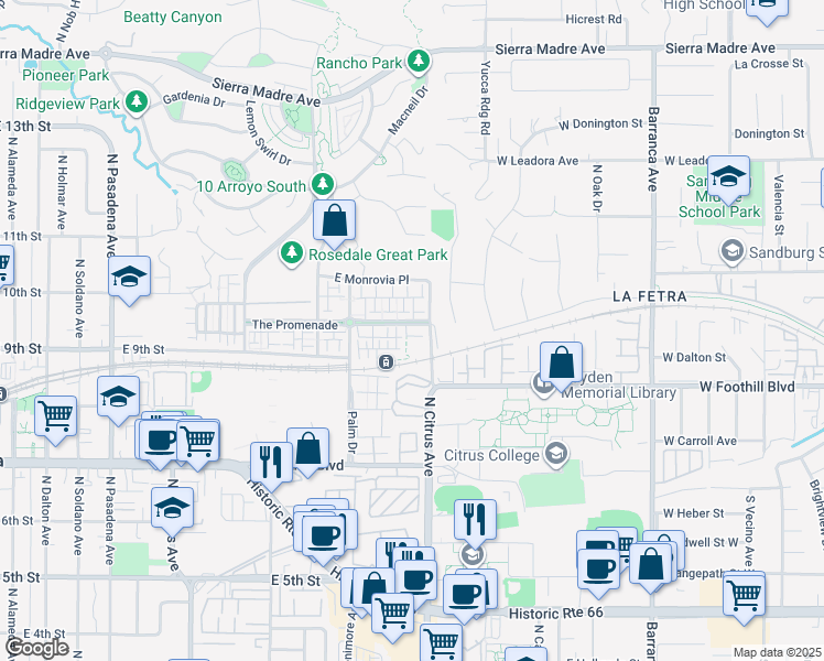 map of restaurants, bars, coffee shops, grocery stores, and more near East Promenade in Azusa