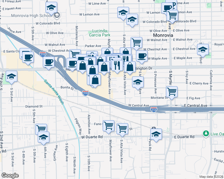 map of restaurants, bars, coffee shops, grocery stores, and more near 1300 South Mayflower Avenue in Monrovia