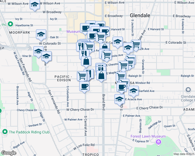 map of restaurants, bars, coffee shops, grocery stores, and more near 116 West Maple Street in Glendale