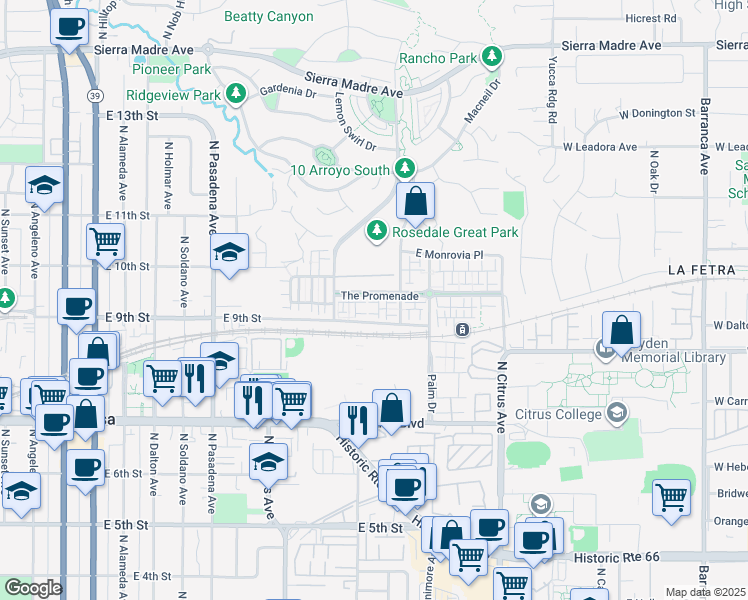 map of restaurants, bars, coffee shops, grocery stores, and more near in Azusa