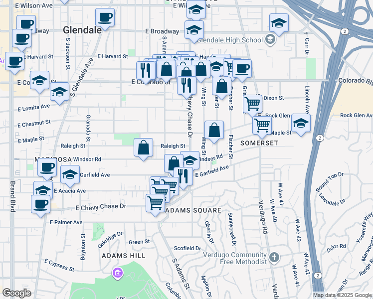 map of restaurants, bars, coffee shops, grocery stores, and more near 731 South Chevy Chase Drive in Glendale