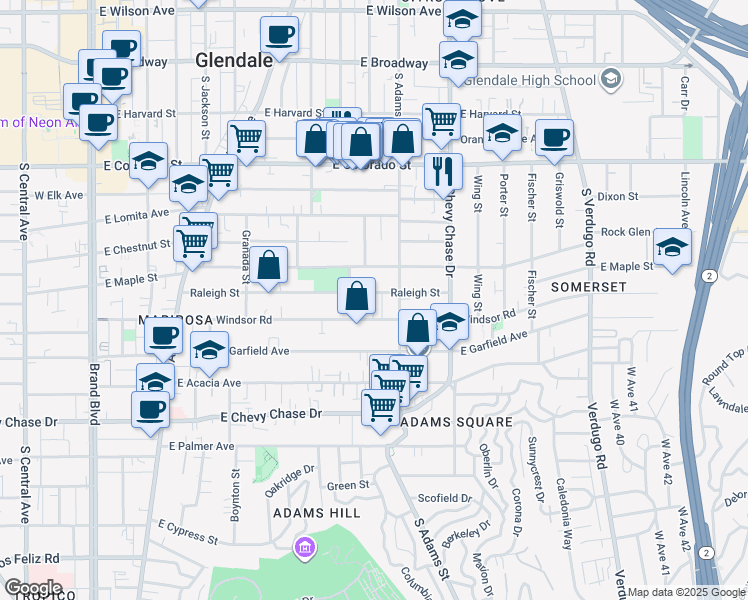 map of restaurants, bars, coffee shops, grocery stores, and more near 1010 Raleigh Street in Glendale