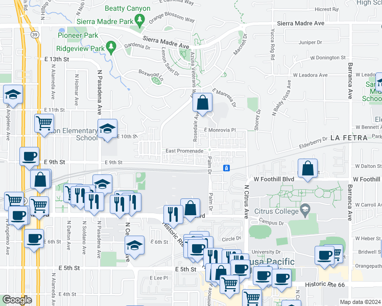 map of restaurants, bars, coffee shops, grocery stores, and more near in Azusa