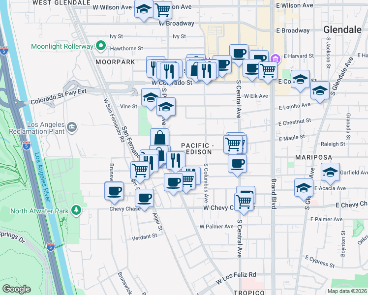 map of restaurants, bars, coffee shops, grocery stores, and more near 441 West Maple Street in Glendale