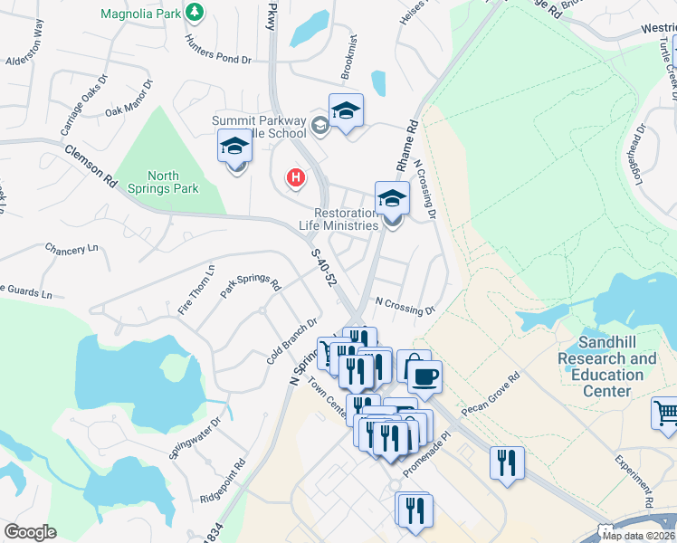 map of restaurants, bars, coffee shops, grocery stores, and more near 310 Summit Townes Way in Columbia