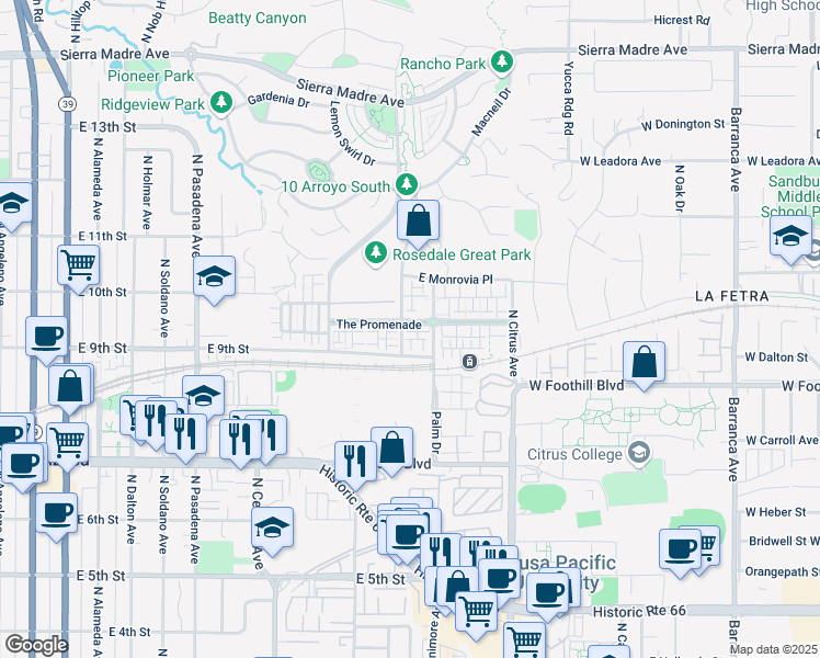 map of restaurants, bars, coffee shops, grocery stores, and more near 905 N Bouquet Ct in Azusa