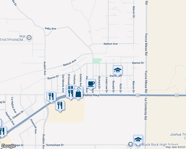map of restaurants, bars, coffee shops, grocery stores, and more near Indio Avenue in Yucca Valley