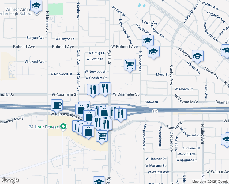 map of restaurants, bars, coffee shops, grocery stores, and more near 1074 West Casmalia Street in Rialto