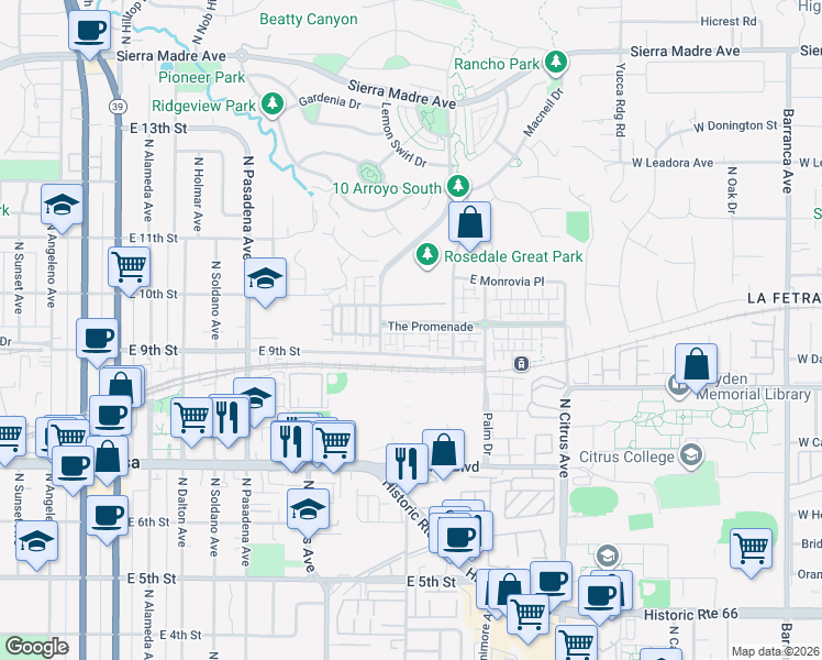 map of restaurants, bars, coffee shops, grocery stores, and more near 810 East Promenade in Azusa