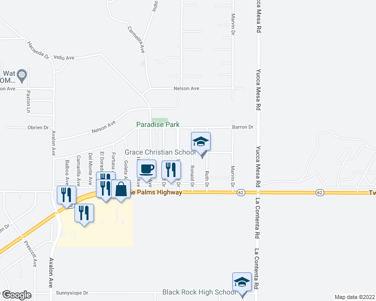 map of restaurants, bars, coffee shops, grocery stores, and more near 59024 David Avenue in Yucca Valley