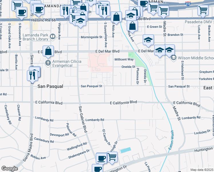 map of restaurants, bars, coffee shops, grocery stores, and more near 2893 San Pasqual Street in Pasadena