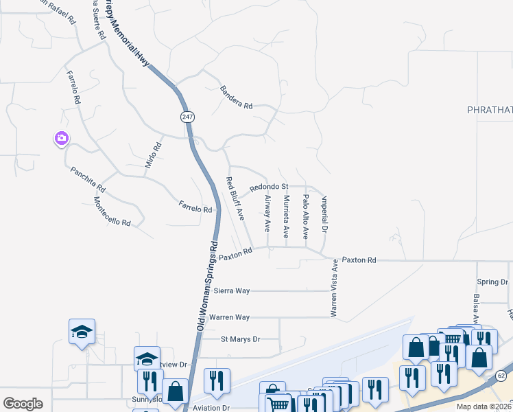 map of restaurants, bars, coffee shops, grocery stores, and more near 57440 Airway Court in Yucca Valley