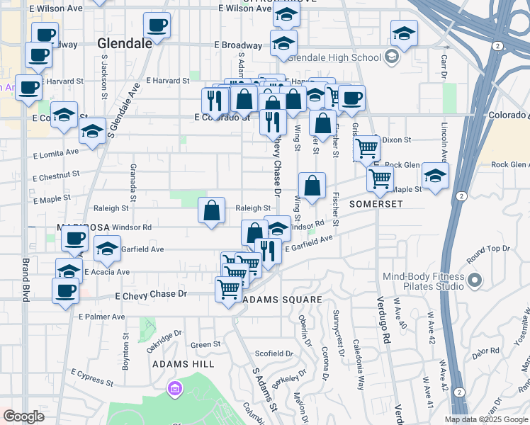map of restaurants, bars, coffee shops, grocery stores, and more near 1128 Raleigh Street in Glendale
