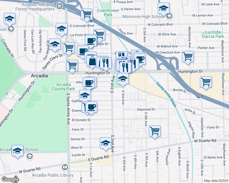map of restaurants, bars, coffee shops, grocery stores, and more near 200 South 2nd Avenue in Arcadia