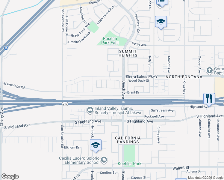map of restaurants, bars, coffee shops, grocery stores, and more near 6365 Highstone Way in Fontana