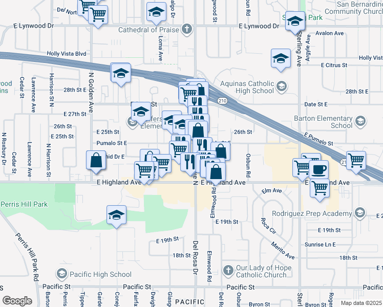 map of restaurants, bars, coffee shops, grocery stores, and more near 2393 Del Rosa Avenue North in San Bernardino