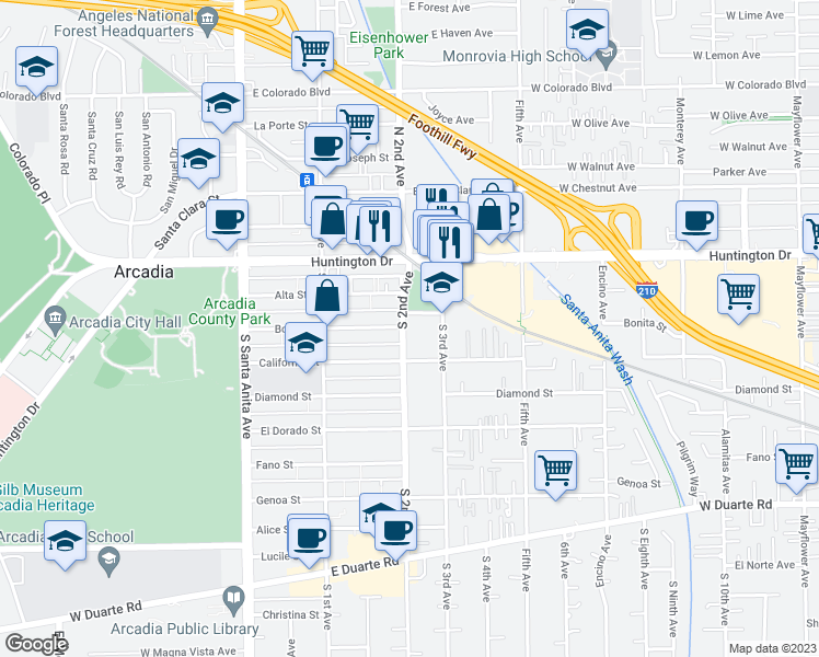 map of restaurants, bars, coffee shops, grocery stores, and more near 200 South 2nd Avenue in Arcadia