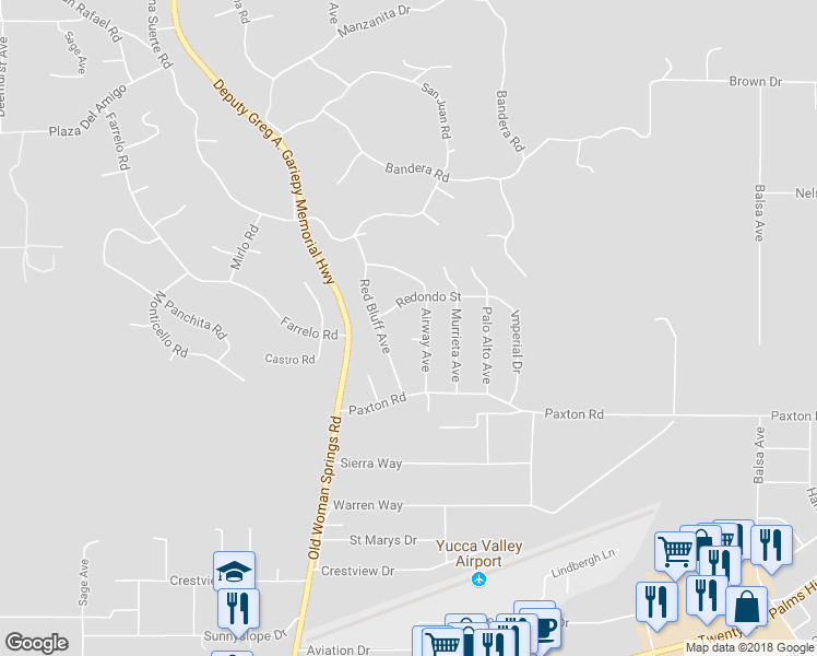 map of restaurants, bars, coffee shops, grocery stores, and more near 57440 Airway Court in Yucca Valley