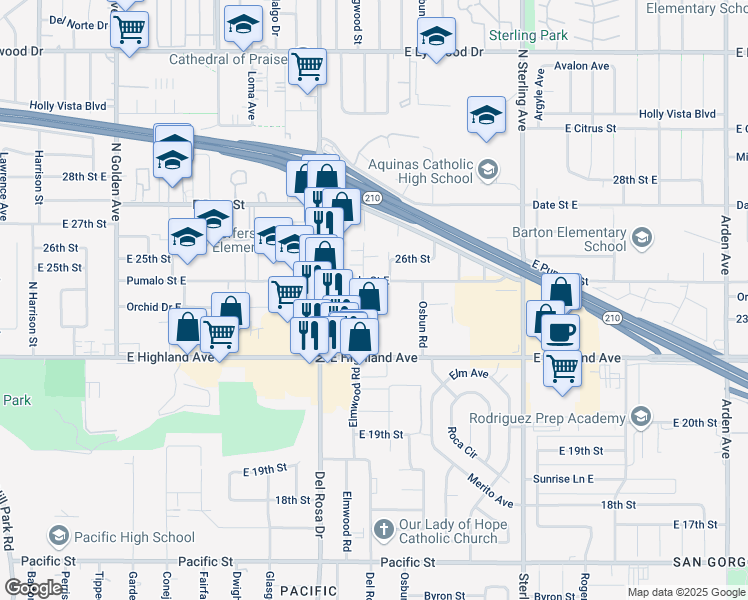 map of restaurants, bars, coffee shops, grocery stores, and more near 1683 Pumalo Street East in San Bernardino