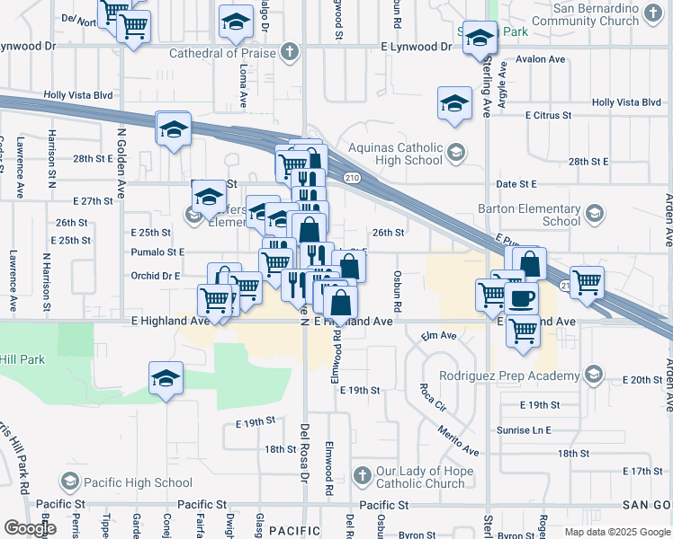 map of restaurants, bars, coffee shops, grocery stores, and more near 1683 Pumalo Street East in San Bernardino