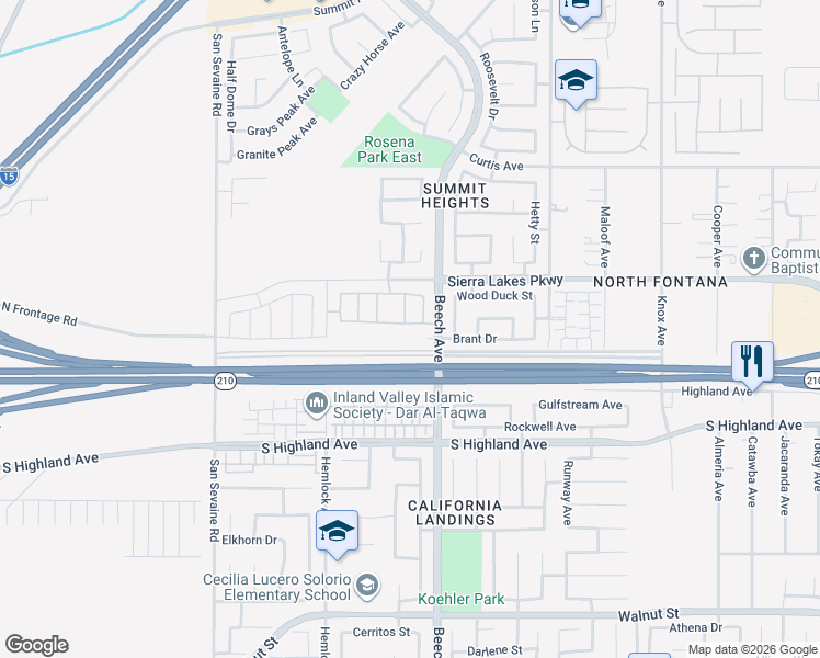 map of restaurants, bars, coffee shops, grocery stores, and more near 6365 Highstone Way in Fontana