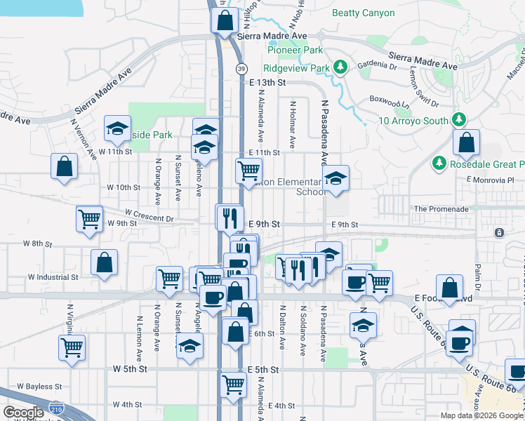 map of restaurants, bars, coffee shops, grocery stores, and more near 932 North Alameda Avenue in Azusa