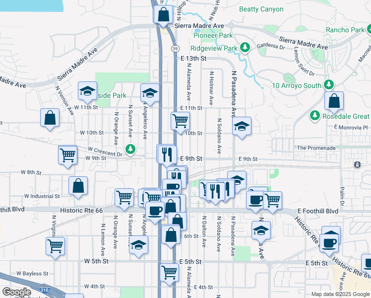 map of restaurants, bars, coffee shops, grocery stores, and more near 932 North Alameda Avenue in Azusa