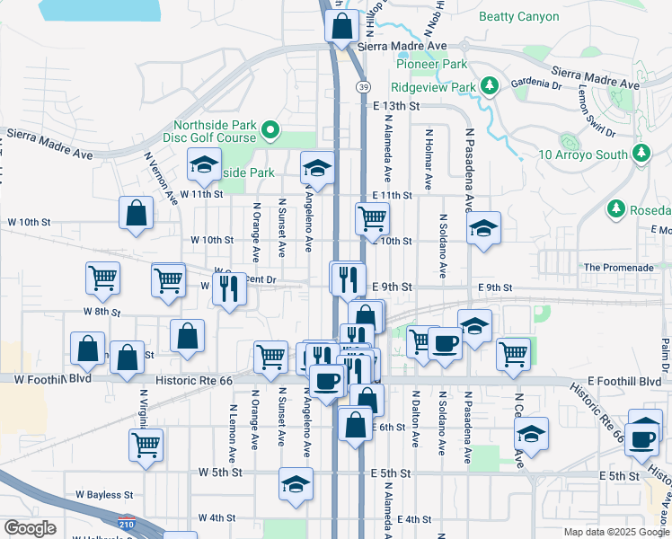 map of restaurants, bars, coffee shops, grocery stores, and more near 933 North San Gabriel Avenue in Azusa