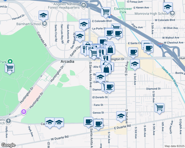 map of restaurants, bars, coffee shops, grocery stores, and more near 16 Alta Street in Arcadia