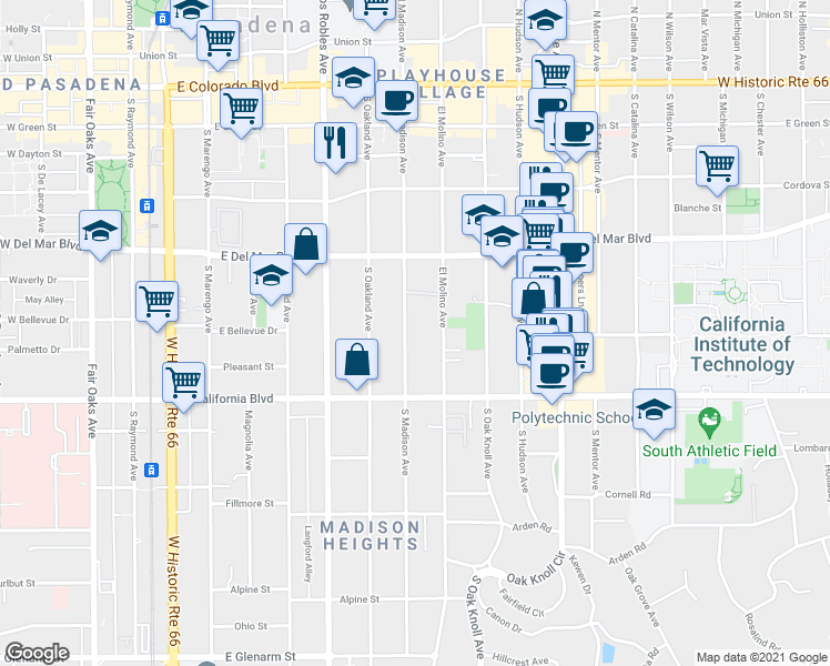 map of restaurants, bars, coffee shops, grocery stores, and more near 427 South Madison Avenue in Pasadena