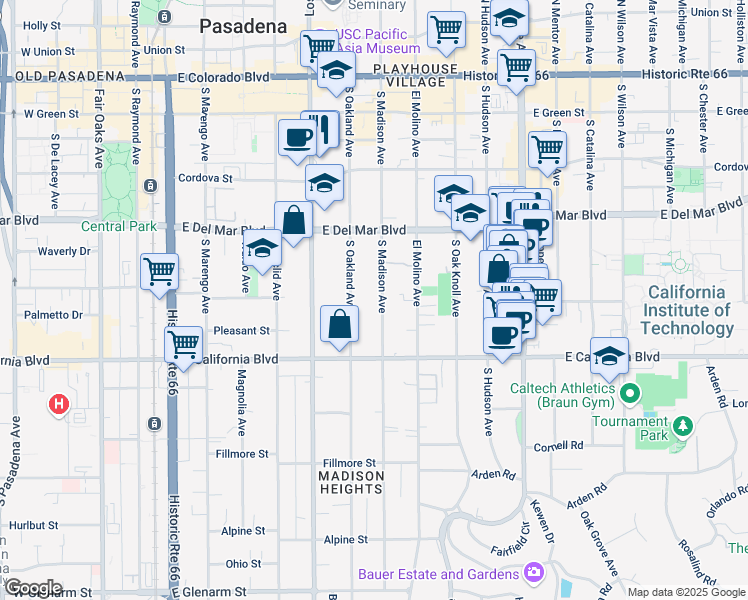 map of restaurants, bars, coffee shops, grocery stores, and more near 427 South Madison Avenue in Pasadena