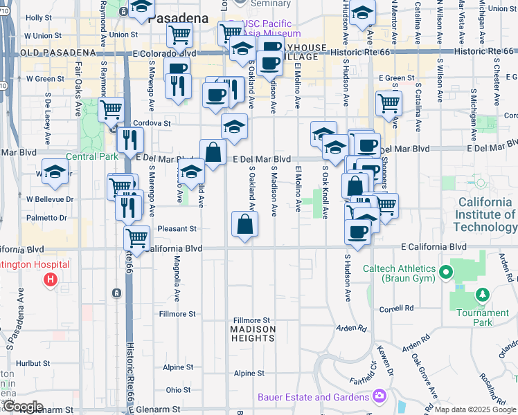 map of restaurants, bars, coffee shops, grocery stores, and more near 425 South Oakland Avenue in Pasadena