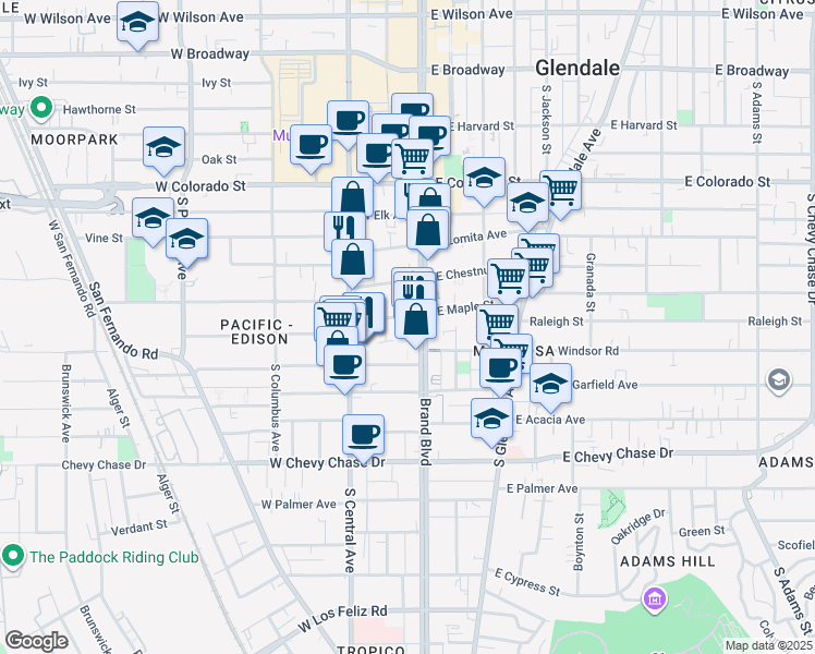 map of restaurants, bars, coffee shops, grocery stores, and more near in Glendale
