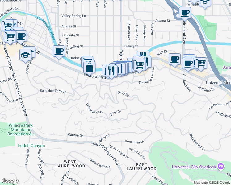 map of restaurants, bars, coffee shops, grocery stores, and more near 11438 Sunshine Terrace in Los Angeles