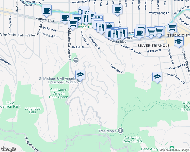 map of restaurants, bars, coffee shops, grocery stores, and more near 3720 Alta Mesa Drive in Los Angeles