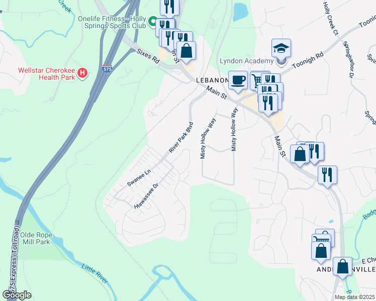 map of restaurants, bars, coffee shops, grocery stores, and more near 1579 River Park Boulevard in Woodstock