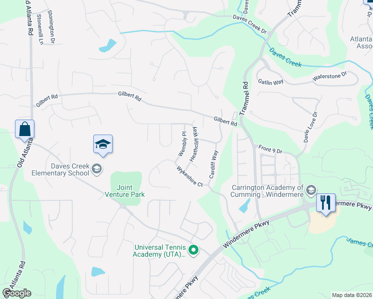 map of restaurants, bars, coffee shops, grocery stores, and more near 4490 Wembly Place in Cumming
