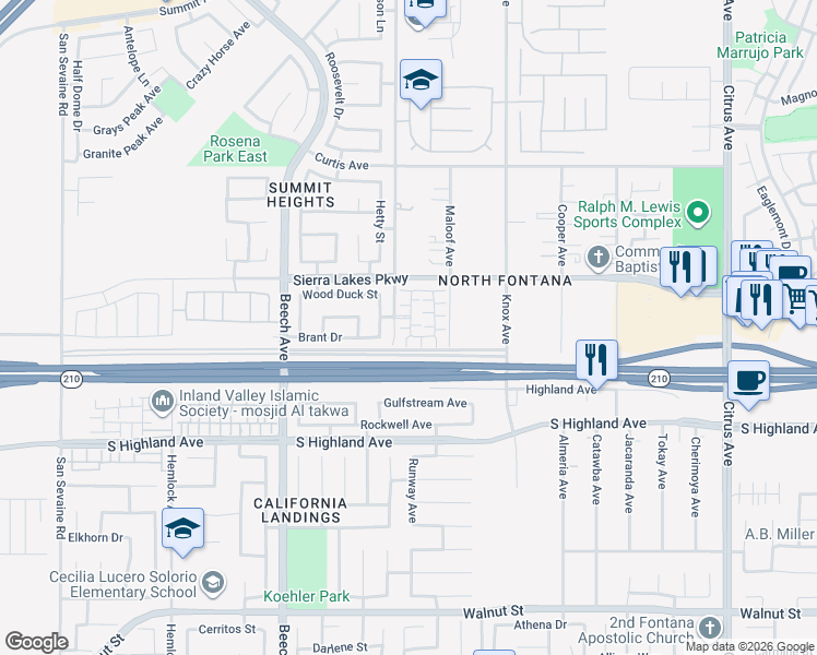map of restaurants, bars, coffee shops, grocery stores, and more near 6393 Sierra Vista Lane in Fontana