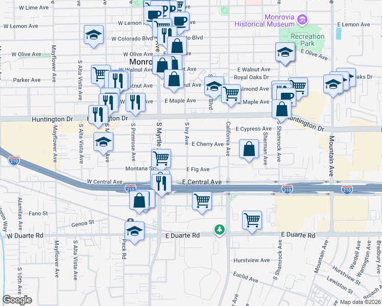 map of restaurants, bars, coffee shops, grocery stores, and more near 207 Los Angeles Avenue in Monrovia