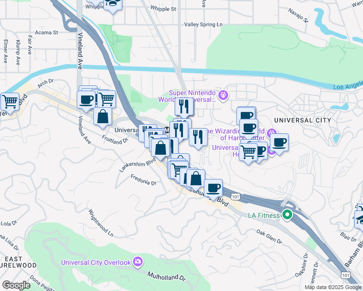 map of restaurants, bars, coffee shops, grocery stores, and more near 10 Universal City Plaza in Universal City