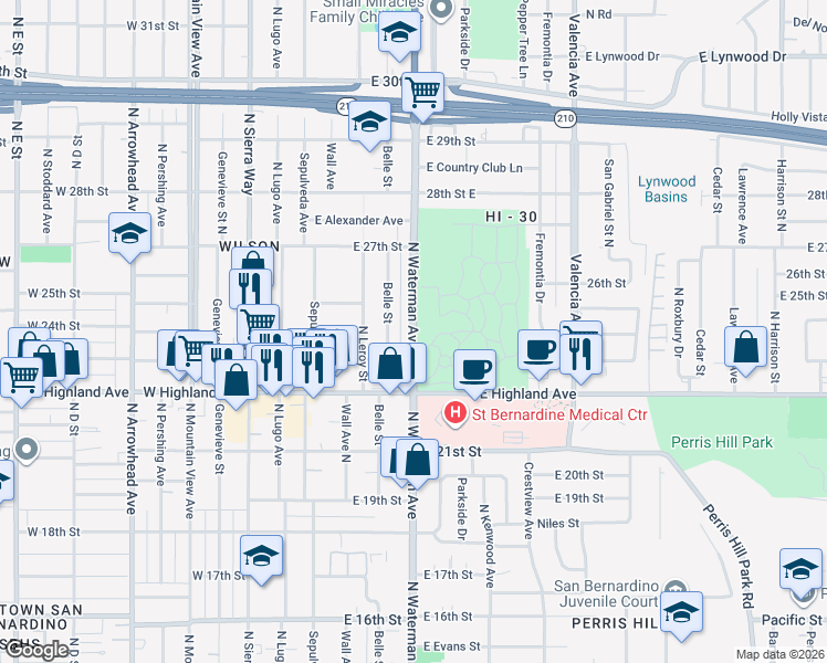map of restaurants, bars, coffee shops, grocery stores, and more near North Waterman Avenue in San Bernardino